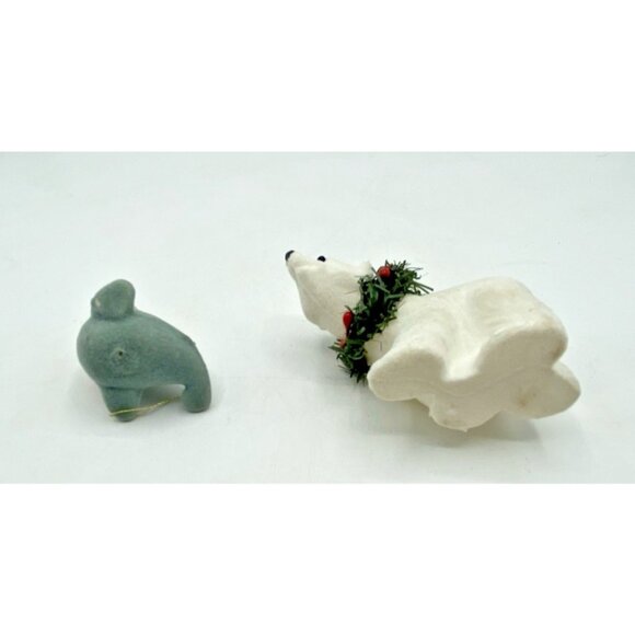 2 Fuzzy Christmas Ornaments Seal & Polar Bear Flocked Holiday Decor Kitsch Retro - Picture 5 of 12